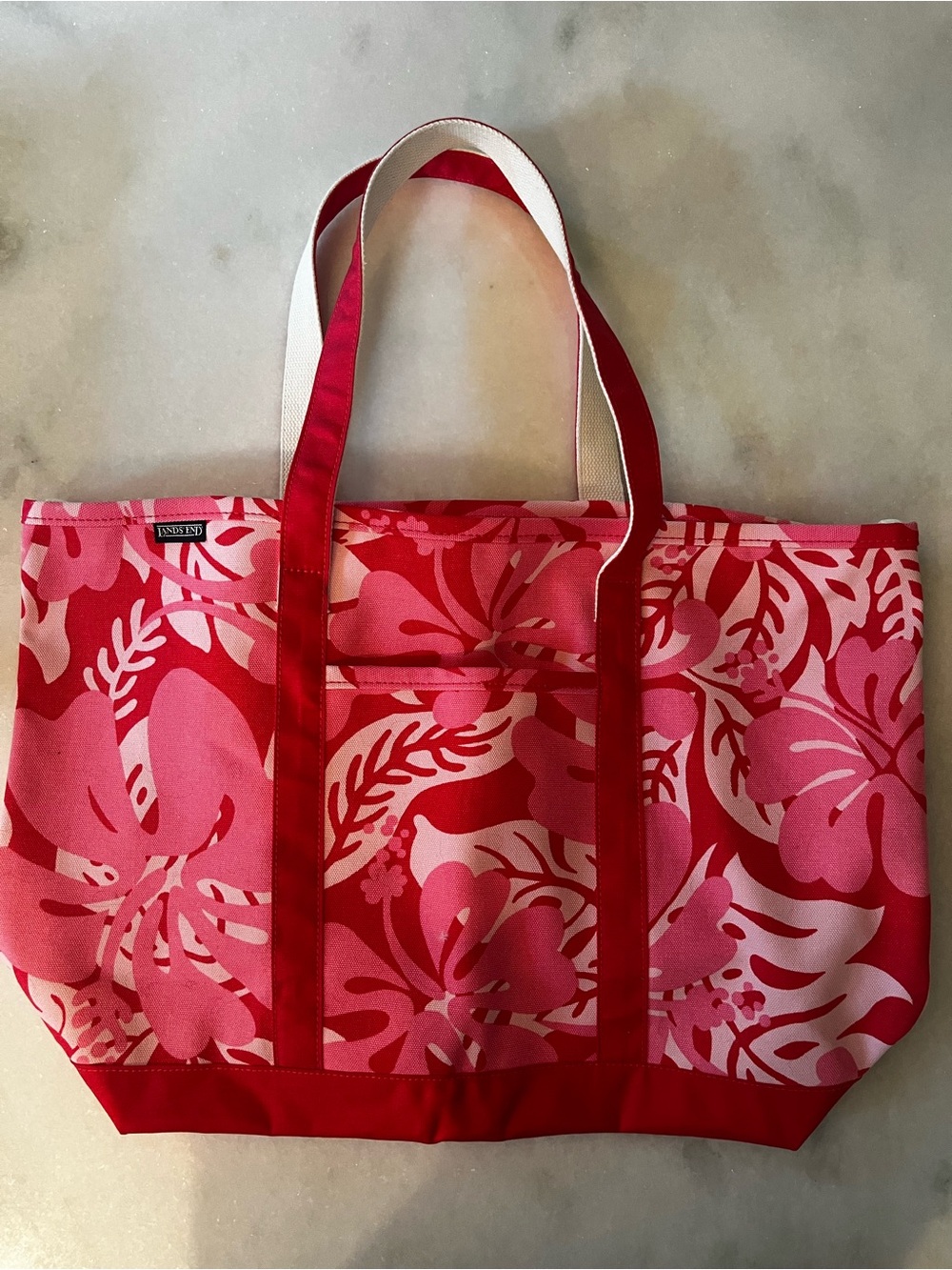 Lands’ End Pink Tropical Floral Canvas Tote Beach Pool Travel Bag Large
